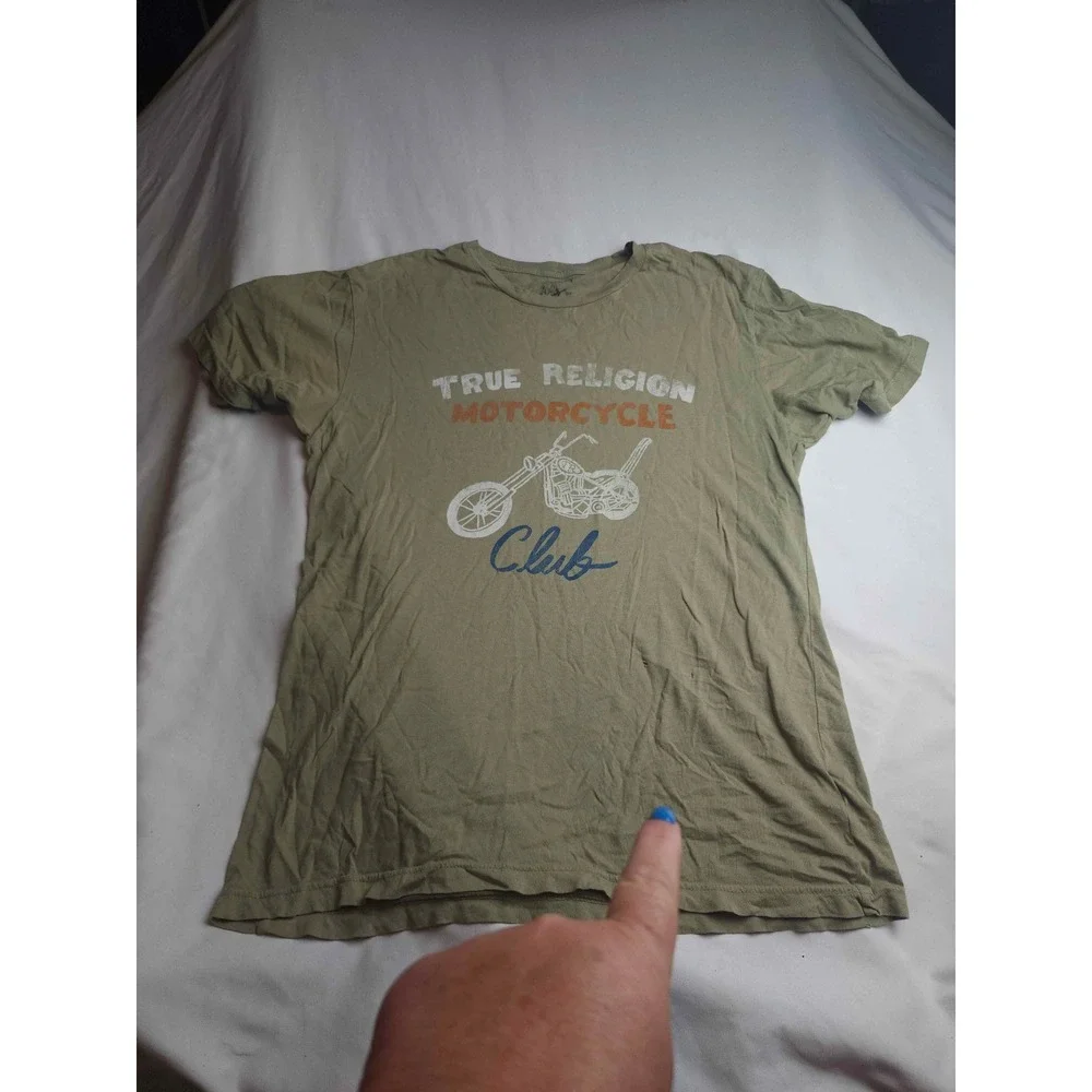 True Religion Motorcycle Club Graphic T-Shirt Mens Large Olive Green Cotton Tee